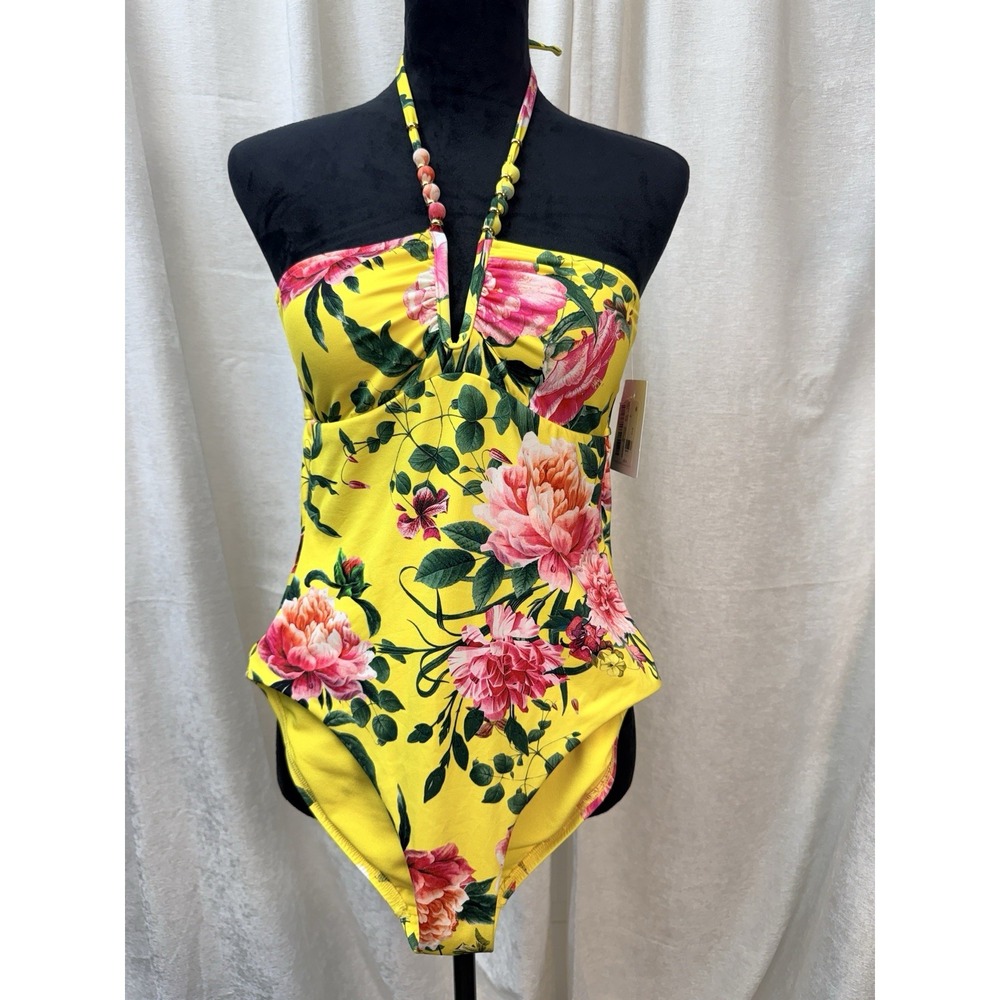 Gibson Latimer Yellow Floral Halter Swimsuit With Beads Size XS  NWT $85.00